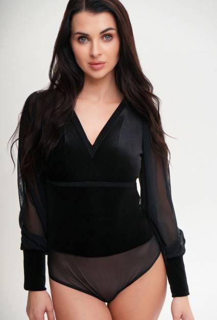 Body welurowe z przezroczystymi rękawami – eleganckie body